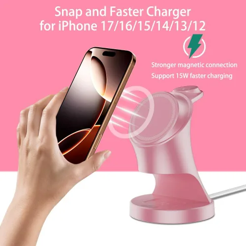 Vista 7 de Estación de carga inalámbrica 3 en 1 para dispositivos Apple Magsafe - Cargador para iPhone 17 16 15 14 13 12 AirPods 2/3/4/Pro iWatch Rosa