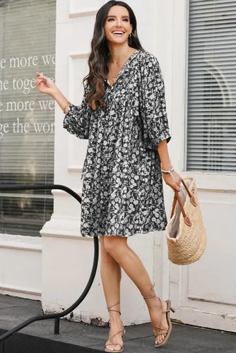 Vista 5 de Dokotoo Vestido de verano para mujer, casual, bohemio, floral, con cordón, cuello en V, manga de farol, de gasa, con vuelo, mini vestido de verano