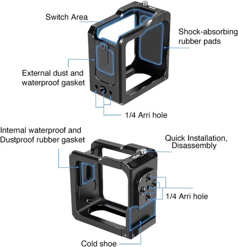 Vista 6 de Marco protector de jaula para GoPro Hero 11 Black Mini, aleación de aluminio, agujero de extensión de 1/4 pulgadas, carcasa de jaula de cámara