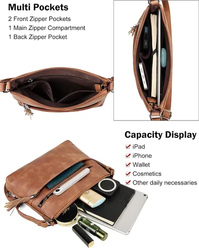 Vista 3 de MASINTOR Bolsos cruzados para mujer, bolso cruzado mediano ligero, bolsos de hombro de cuero suave para mujer con borla