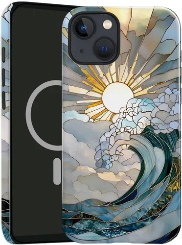 Vista 10 de Funda compatible con iPhone 13, compatible con MagSafe, funda híbrida de 2 capas con prevención de caídas brillante para niñas y niños, arte floral