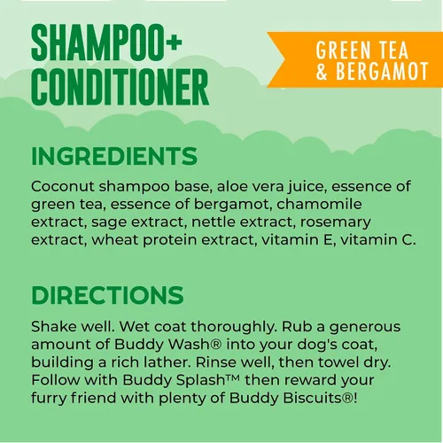 Vista 3 de Buddy Grooming Wash Champú 2 en 1 para perros, té verde y bergamota, botella de 16 onzas