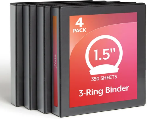 Vista 6 de Cardinal Carpeta económica de 3 anillos, 1 pulgada, vista de presentación, negro, capacidad para 225 hojas, antiadherente, sin PVC, paquete de 4
