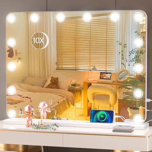 Vista 10 de Hasipu Espejo de tocador con luces, espejo de maquillaje de 32 x 24 pulgadas, espejo iluminado con 14 luces LED regulables y aumento de 10X, 3 modos