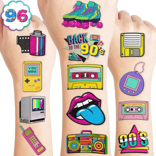 Vista 10 de 96 tatuajes temporales luminosos precortados de regreso a los años 90 y 80 que brillan For Kids Theme Birthday Party Decorations Supplies Favors
