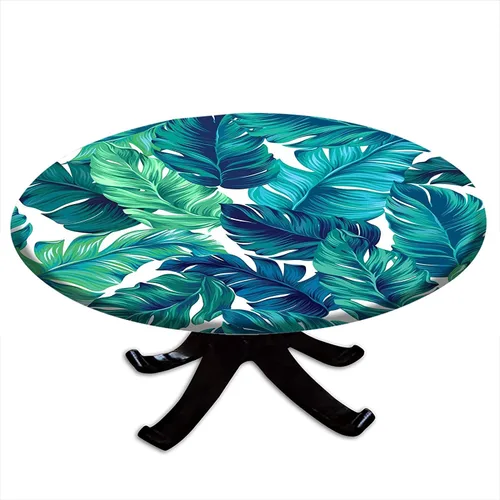 Vista 39 de Mantel redondo ajustable con borde elástico floral azul, mantel con borde elástico de estilo floral pastoral, almohadilla de mesa de poliéster