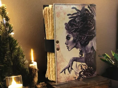 Vista 6 de Libro de hechizos en blanco de sombras con diario de cuero hecho a mano grimorio con 200 hechos a mano con papel de borde Deckle para regalos de 7 x