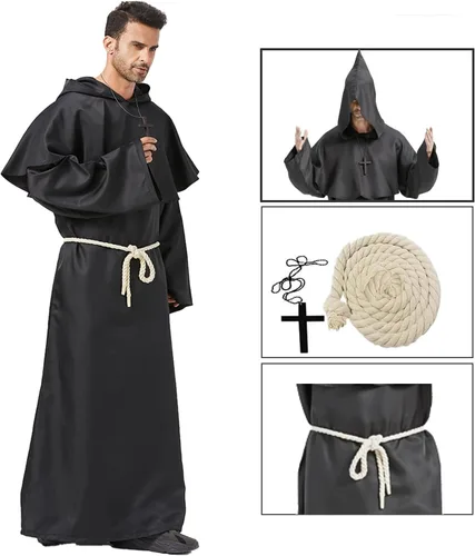 Vista 5 de Disfraz de sacerdote para hombre adulto, disfraces de Halloween para hombres, disfraz de monje con capucha y capa de fraile