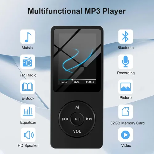 Vista 4 de Reproductor de MP3 con Bluetooth 5.0, pantalla de 1.8 pulgadas, reproductor de música portátil con altavoz HD, música HiFi compatible con radio FM