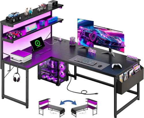 Vista 10 de DurayLoly Escritorio en forma de L para juegos con luz LED y toma de corriente, escritorio reversible en forma de L para computadora de 43.3