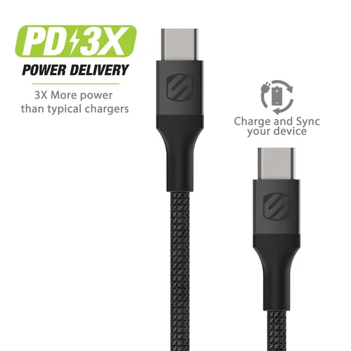 Vista 2 de Scosche CCB1-SP Strikeline Premium USB-C a USB-C Cable trenzado de carga y sincronización de 1 pie, color negro
