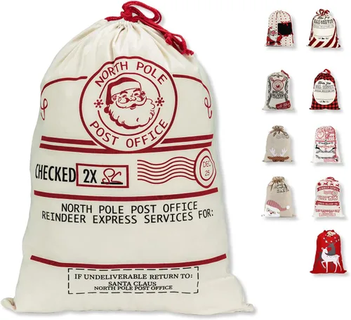 Vista 11 de LessMo - Saco de Navidad para Papá Noel, Bolsa de regalo de Navidad grande con cordón, reutilizable, personalizada para el almacenamiento