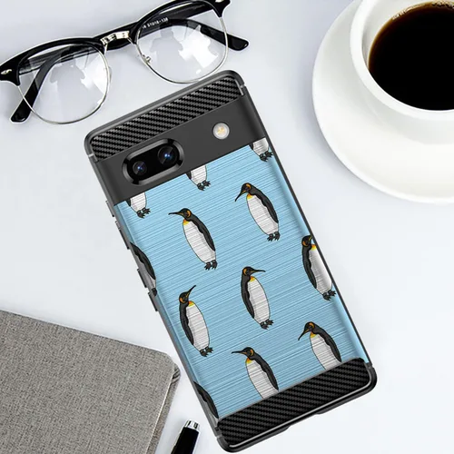 Vista 4 de CasesOnDeck Slim TPU Case Compatible with Google Pixel 7A (2023) / Pixel 7A Case [Flex Carbon] Cool Ultra Thin Slim Black TPU - Blue Penguins