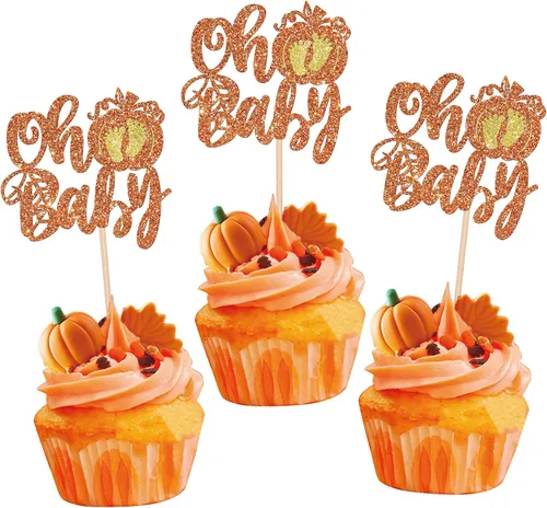 Vista 13 de Rsstarxi Paquete de 36 adornos para cupcakes de calabaza pequeña, revelación de género, baby shower, fiesta, decoración de tartas, calabaza