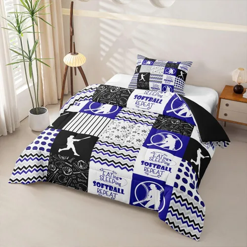 Vista 2 de Erosebridal Softball Comforter Set Patchwork Buffalo Plaid Twin Bedding Sets for Girls Kids Teens Child Galaxy Stars Ball Game Baseball Comforter