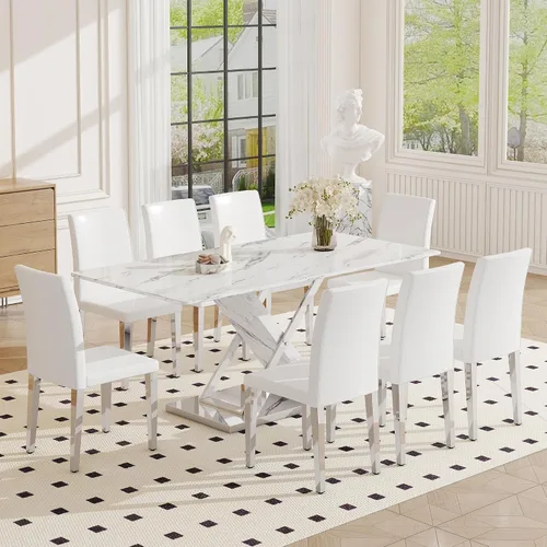 Vista 9 de Juego de mesa de comedor de mármol para mesa rectangular blanca de 6.63 pulgadas con marco de metal plateado en forma de X y 6 sillas de comedor