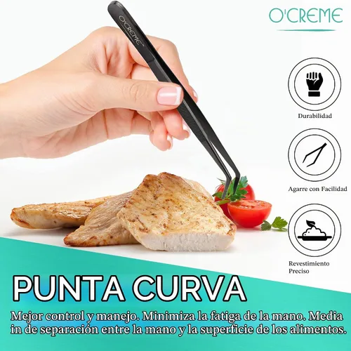 Vista 2 de O'Creme Pinzas de acero inoxidable de precisión para cocina culinaria de 8 pulgadas (8 pulgadas curvas, negro)