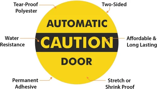 Vista 7 de SmartSign, calcomanía para vidrio de doble cara con leyenda "Caution: Automatic Door 2-Sided Message", círculo de 6 pulgadas de diámetro
