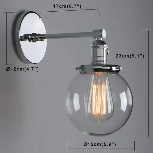 Vista 2 de Phansthy Aplique de pared industrial con forma de globo con toldo de cristal transparente de 5.9 pulgadas (cromado)