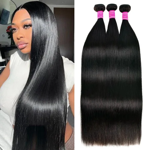 Vista 8 de Manojos lisos de cabello humano, 4 manojos de cabello humano liso de 18, 20, 22, 24 pulgadas, 100% sin procesar, extensiones de cabello virgen Negro