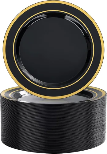 Vista 14 de BESTVIP 100 platos de postre de plástico negro y dorado de 7 pulgadas Negro/Dorado