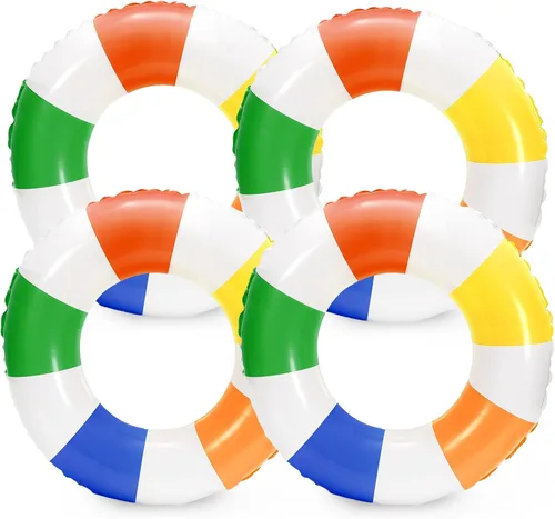 Vista 14 de Whaline Flotador inflable de natación de 4 piezas, anillo de natación a rayas, divertido estampado para piscina, tumbona, tubo para verano