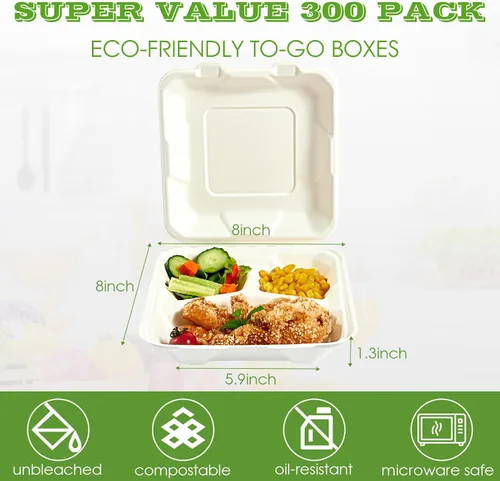 Vista 2 de Vplus Paquete de 300 Recipientes compostables para llevar con diseño de concha, de 20,3 x 20,3 cm, desechables y ecológicos, con 3 compartimentos