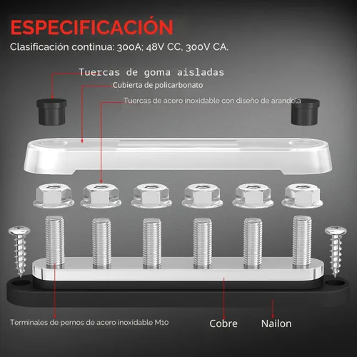 Vista 4 de DaierTek - Barra colectora de 300A 12V marina, bloque de distribución de potencia con cubierta, 6 pernos de 3/8" (M10), máximo 300V CA, 48V CC