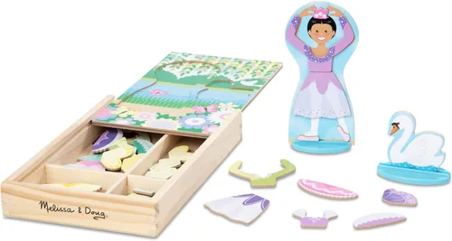 Vista 4 de Melissa & Doug Juego de muñeca de madera de doble cara y cisne de bailarina y hada magnética (52 piezas)