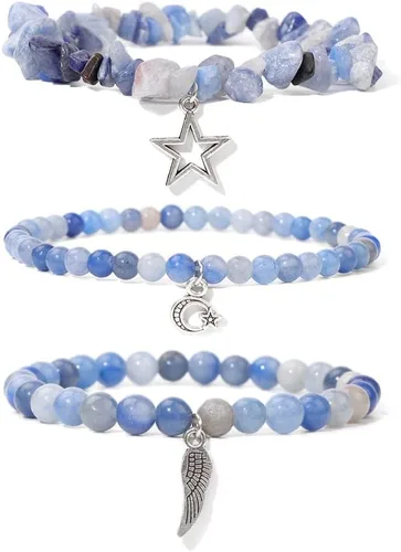 Vista 17 de Juego de 3 pulseras de cuentas de piedra natural para mujeres y hombres, estrellas y luna, alas de ángel, juego de pulseras curativas de reiki