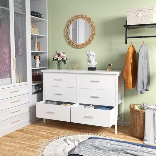 Vista 2 de BOLUO Cómoda blanca para dormitorio, 6 cajones, soporte de TV ancho para aparadores de TV de 50 pulgadas y cajoneras de tela para armario moderno