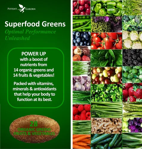 Vista 2 de Potent Garden Paquete de 2 superalimentos orgánicos, suplemento de frutas y verduras rico en vitaminas y antioxidantes con alfalfa, raíz