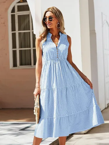 Vista 4 de Floerns Vestido midi de mujer con estampado de rayas y cuello con muescas sin mangas con volantes