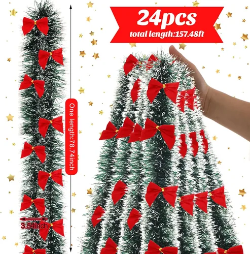 Vista 2 de 24 guirnaldas de oropel de Navidad de 157.4 pies, guirnalda de oropel metálica de Navidad, decoración brillante para colgar en el árbol de Navidad