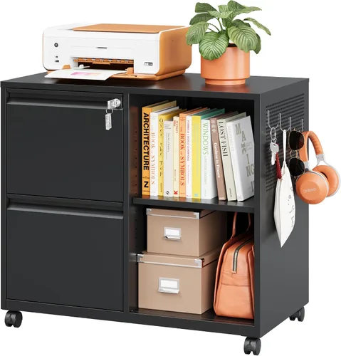Vista 18 de Archivador de metal con 2 cajones con cerradura, gabinete archivador con soporte para impresora móvil y estantes para archivos de tamaño Negro