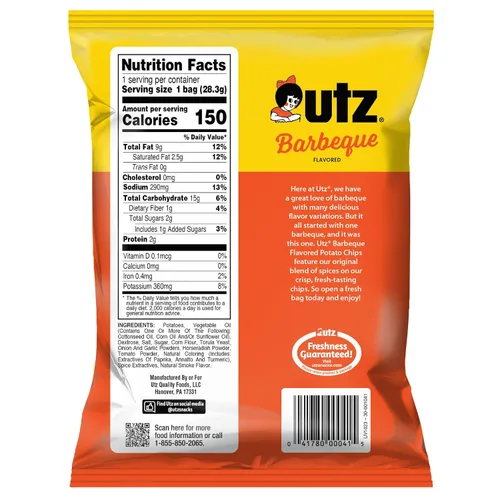 Vista 2 de Utz Papas fritas para barbacoa, 1 onza (paquete de 60), papas fritas crujientes hechas de papas frescas, aperitivos individuales crujientes