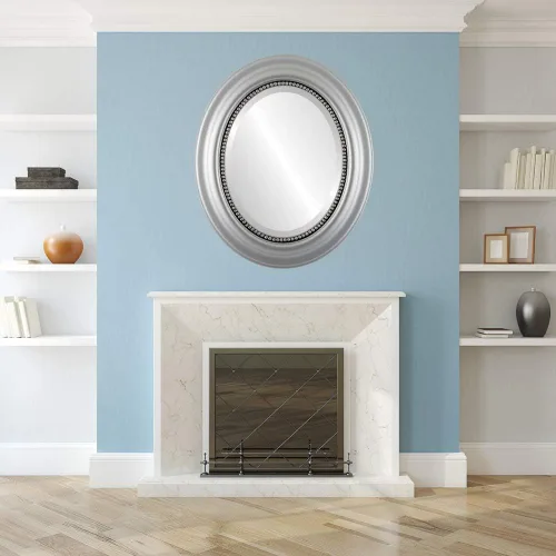 Vista 3 de OVALCREST Espejo de pared ovalado biselado para decoración del hogar, estilo patrimonial, espray plateado, dimensiones exteriores de 25 x 29 pulgadas