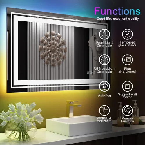 Vista 7 de Snowdool Espejo LED para baño, 28 x 36 pulgadas con retroiluminación RGB de 8 colores + 3 luces delanteras (ajustables individualmente), antiniebla