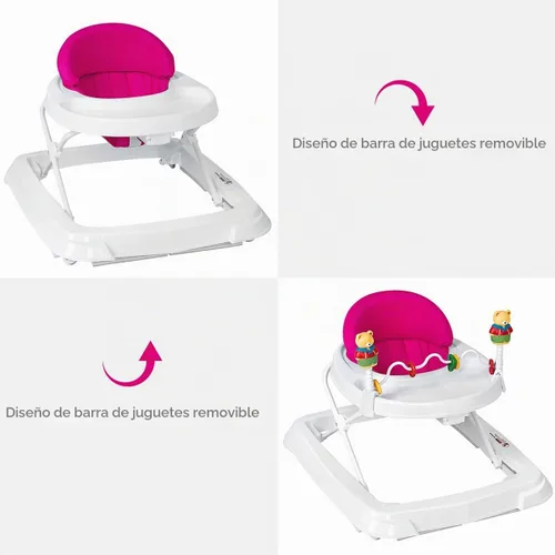Vista 6 de Andador de bebé con ruedas para niños y niñas Andador plegable con juguetes para caminar y altura ajustable de 3 niveles, cómodo caminador de Rosa