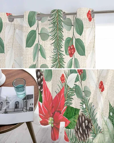 Vista 5 de Cortinas traslúcidas de eucalipto de Navidad de 39 pulgadas de largo, juego de 2 paneles de cortinas para cocina, dormitorio, sala de estar