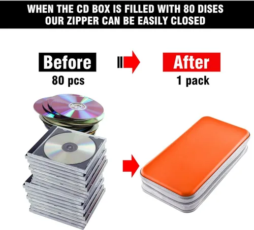 Vista 4 de Funda para CD, 80 de capacidad, DVD, VCD, multimedia, Blu-ray, soporte para cartera, organizador de almacenamiento (naranja)