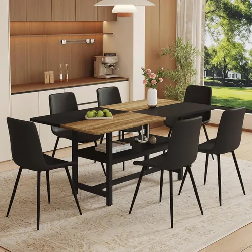 Vista 22 de Juego de mesa de comedor de 71 pulgadas para 6 personas con estante de almacenamiento, juego de mesa de comedor rectangular industrial moderna