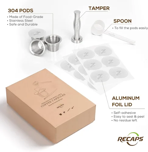 Vista 7 de RECAPS cápsulas de Nespresso reutilizables, vainas rellenables de acero inoxidable para máquinas Nespresso (compatibles con la línea original)