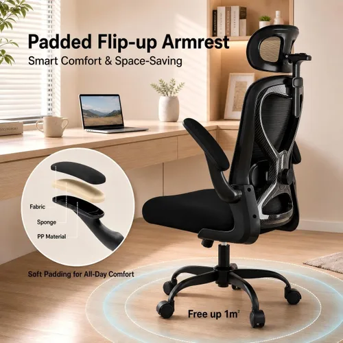 Vista 7 de Silla de oficina ergonómica para largas horas y alivio del dolor de espalda, diseño que ahorra espacio con soporte lumbar ajustable, brazos negro