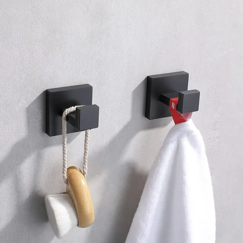 Vista 5 de Paquete de 2 ganchos para toallas de baño color negro mate, acero inoxidable, cuadrado, para toalla, abrigo, montaje en pared, inodoro, cocina