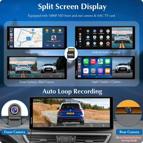 Vista 4 de Carpuride Carplay inalámbrico portátil 4K W903 y Android Auto con cámara de salpicadero, pantalla HD IPS de 9.3 pulgadas, cámara frontal 4K