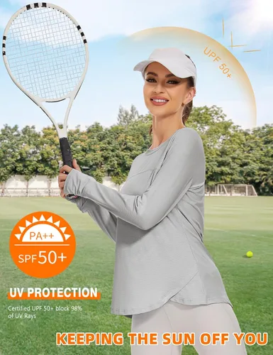 Vista 2 de Blingfit Camisas de entrenamiento para mujer, camisetas atléticas de manga larga UPF 50+, camisetas de protección solar con agujero para el pulgar