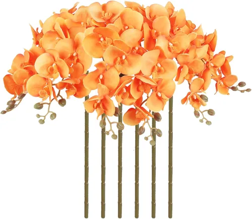 Vista 9 de Orquídeas artificiales de 38 pulgadas, 6 unidades, orquídeas falsas rosas, orquídeas de seda de terciopelo, flores artificiales de tallo largo