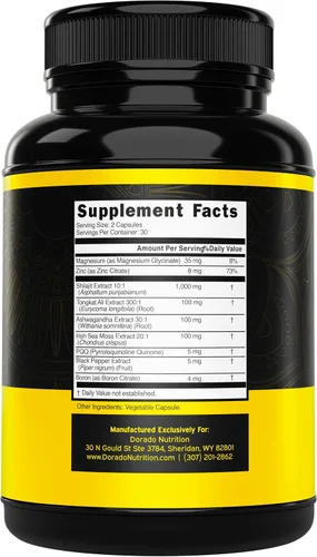 Vista 2 de Suplemento Shilajit para hombres y mujeres con musgo marino, Ashwagandha, Tongkat Ali, boro, zinc, PQQ, pimienta negra, magnesio, ácido fúlvico
