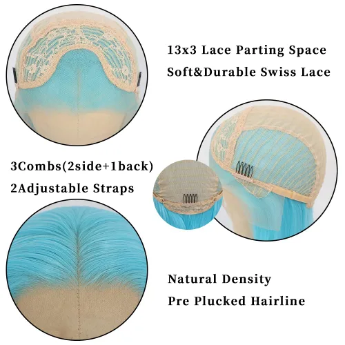 Vista 6 de Pelucas de encaje frontal color azul con encaje frontal, peluca para usar y llevar, sin pegamento, pelucas de cabello largo y lacio, pelucas